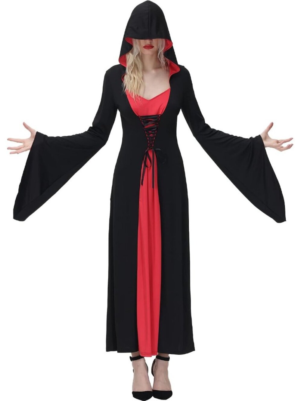 Women's Red Gothic Witch Costume Hooded Medieval Halloween Dress Cosplay Outfit